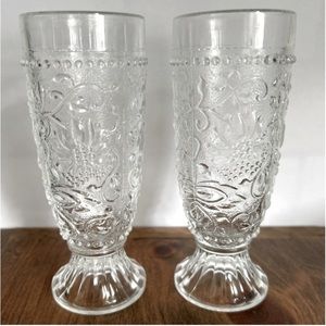 Vintage Pavel Panek Sklo 2 Footed Glass Goblets With Raised Floral Pattern